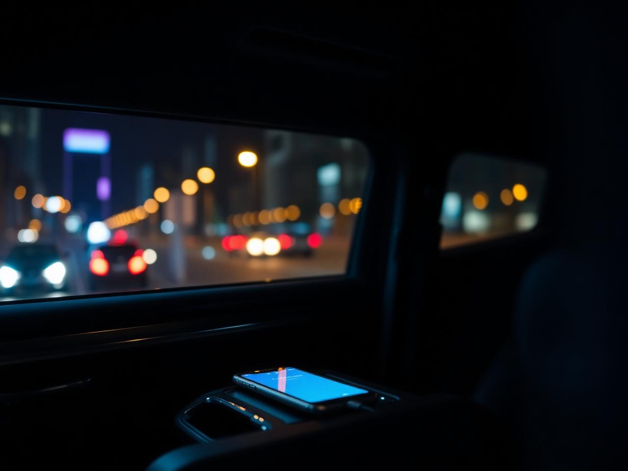 Phone charging on the console inside a luxury black SUV with city lights blurred through the window
