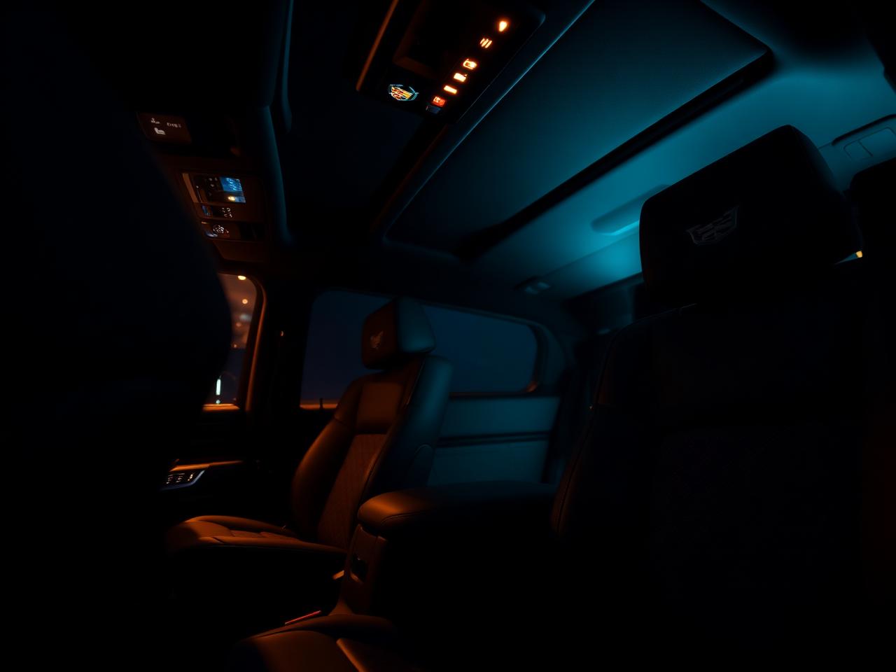 Interior of a black Cadillac Escalade at night with soft ambient cabin lighting