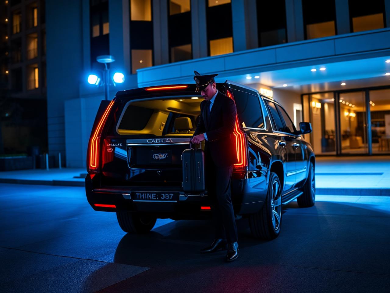 A uniformed chauffeur opening the rear door of a black Cadillac Escalade at night and stowing a suitcase