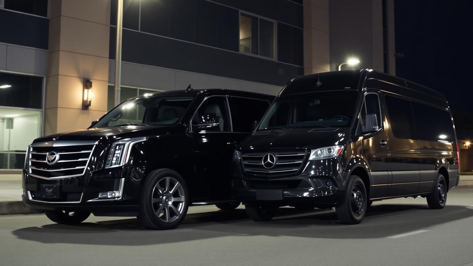 A black Cadillac Escalade and black Mercedes-Benz Sprinter parked side by side at night