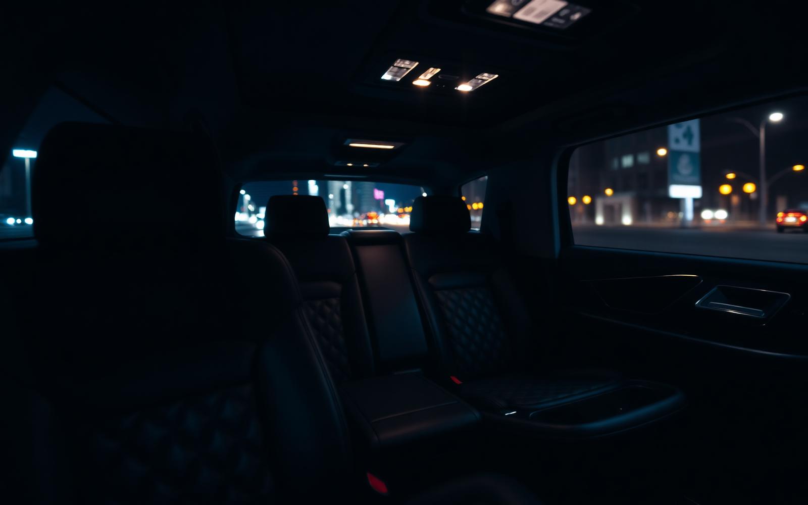 Interior of a black Cadillac Escalade at night — quilted leather seats and ambient cabin light