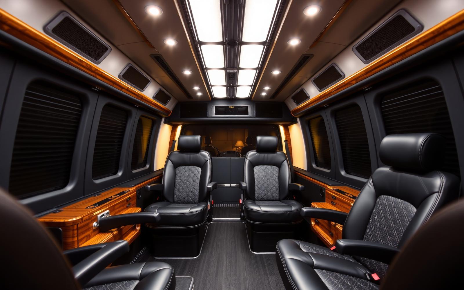 Interior of a Mercedes-Benz Sprinter — executive captain's chairs and warm ambient lighting