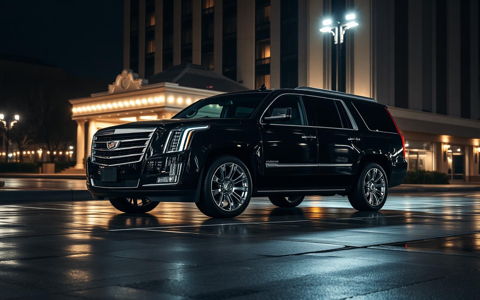 Black Cadillac Escalade parked in front of a luxury hotel at night
