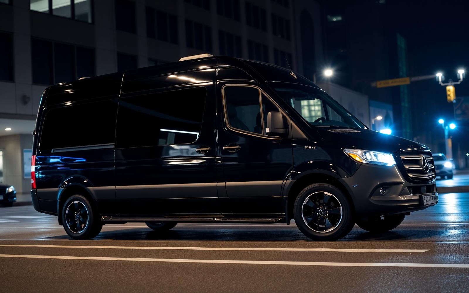 Black Mercedes Sprinter van on a city street at night