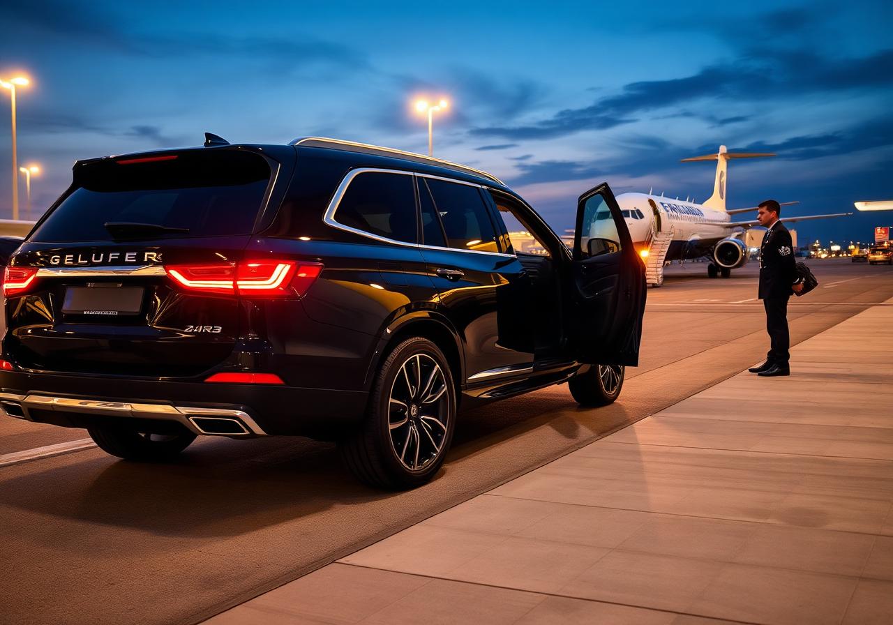 Glossy black luxury SUV at an airport arrivals curb at dusk with a uniformed chauffeur