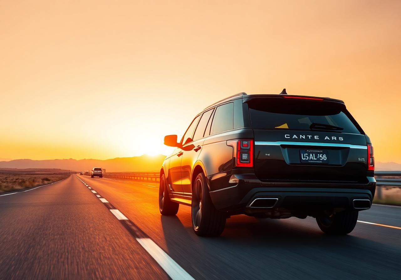 Glossy black luxury SUV on an open highway at golden hour