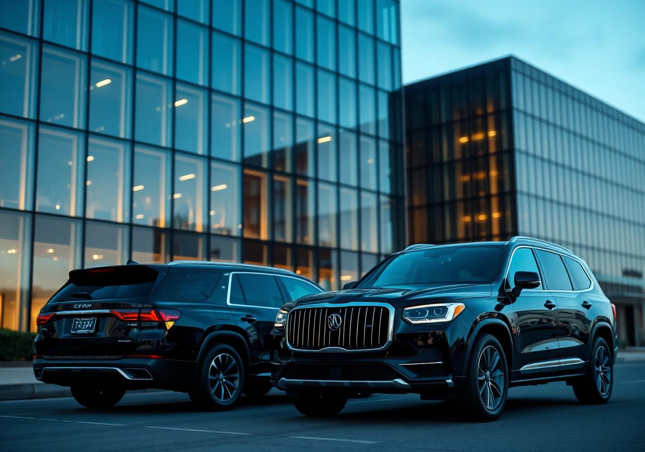 Two glossy black luxury SUVs lined up outside a modern glass corporate building at dusk