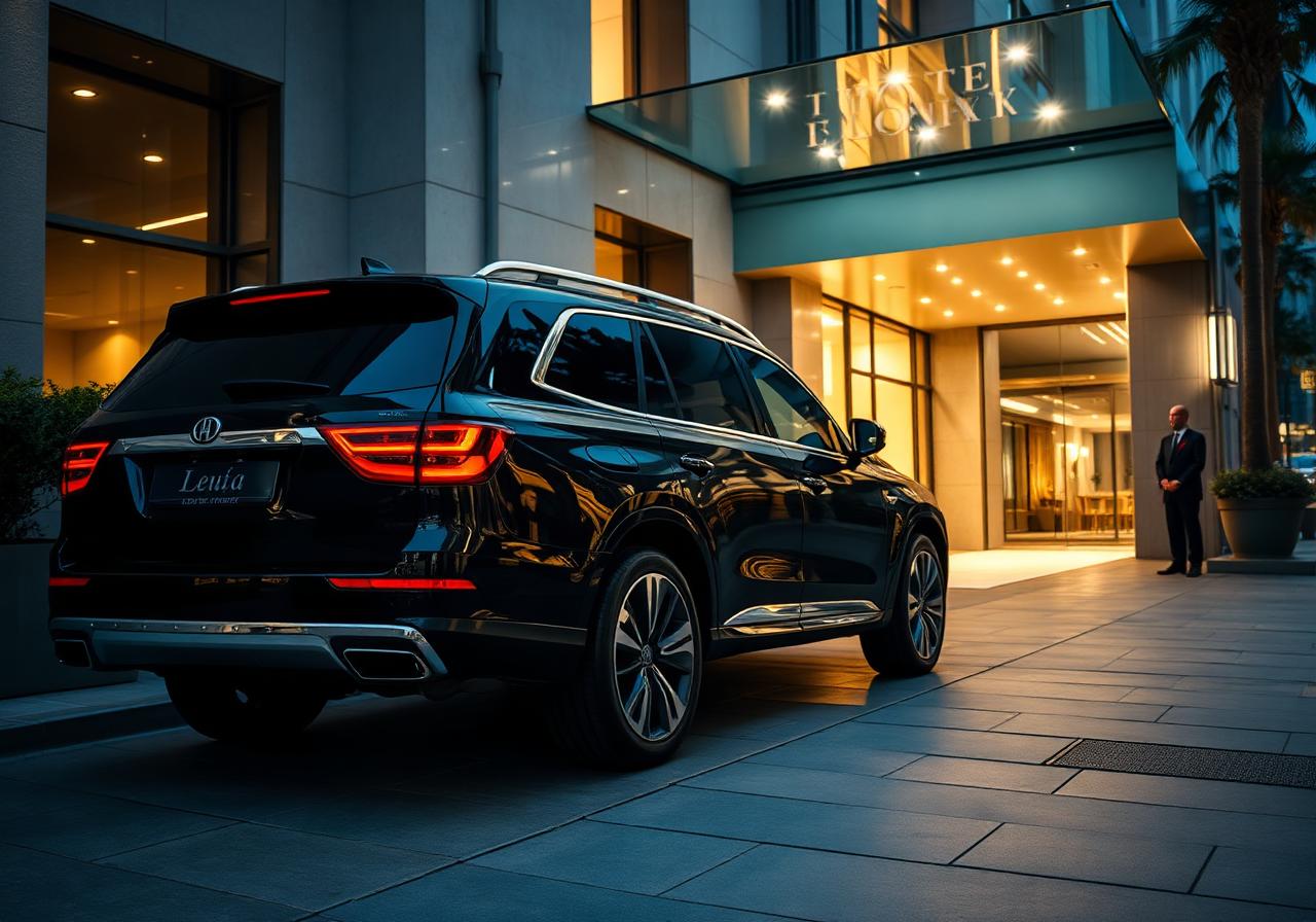 Glossy black luxury SUV parked outside an upscale hotel entrance in the evening